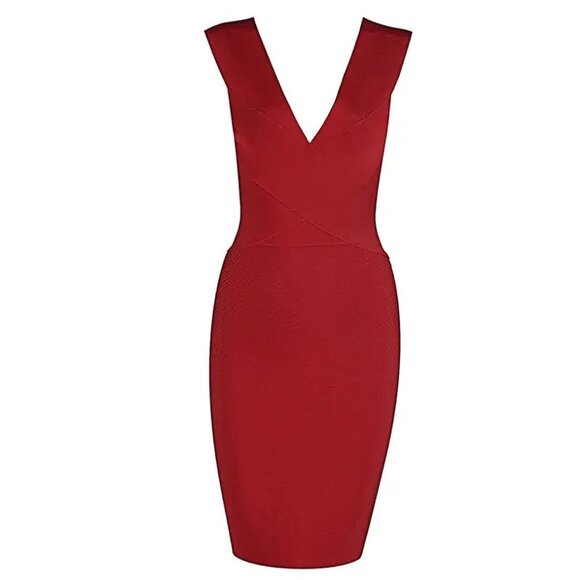 Women Wide Strap V-Neck Cross Over Design Stretchy Elegant Fitted Bandage Dress - Picture 5 of 9